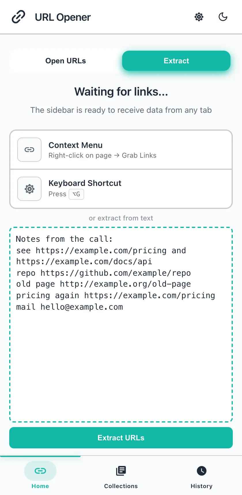 The Extract tab with a note pasted into the text box and the Extract URLs button