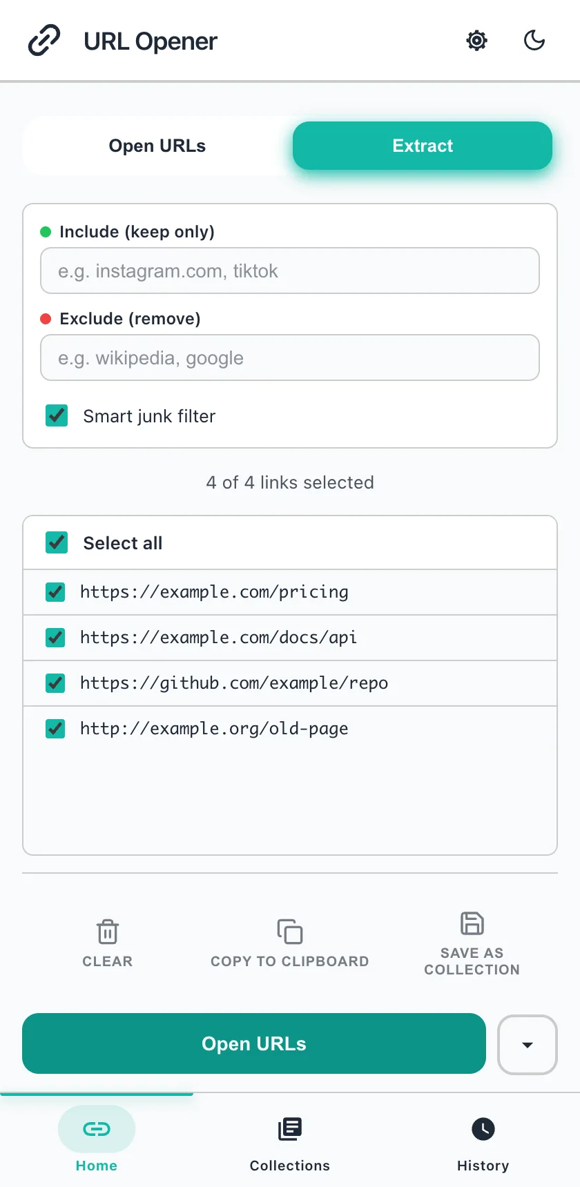 The Extract tab showing four extracted URLs, ticked, with the Copy, Save and Open URLs buttons