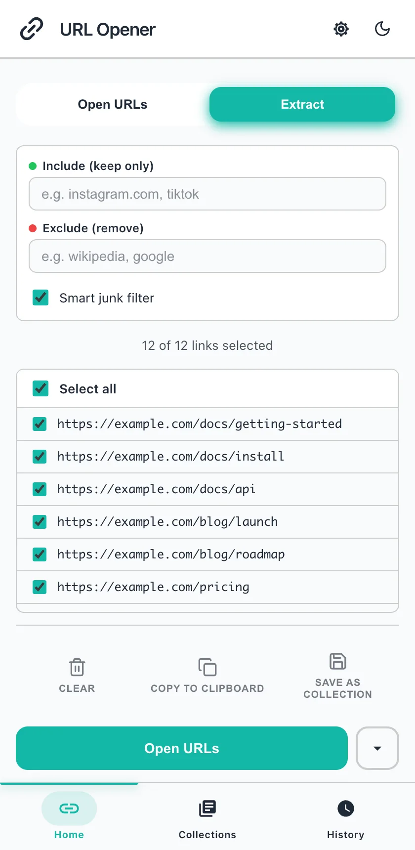 The Extract tab with a grabbed list of links, the Include and Exclude boxes, the Smart junk filter and the Copy, Save and Open URLs buttons