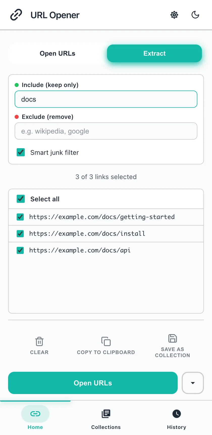 The Extract tab with docs typed into the Include box, leaving three links