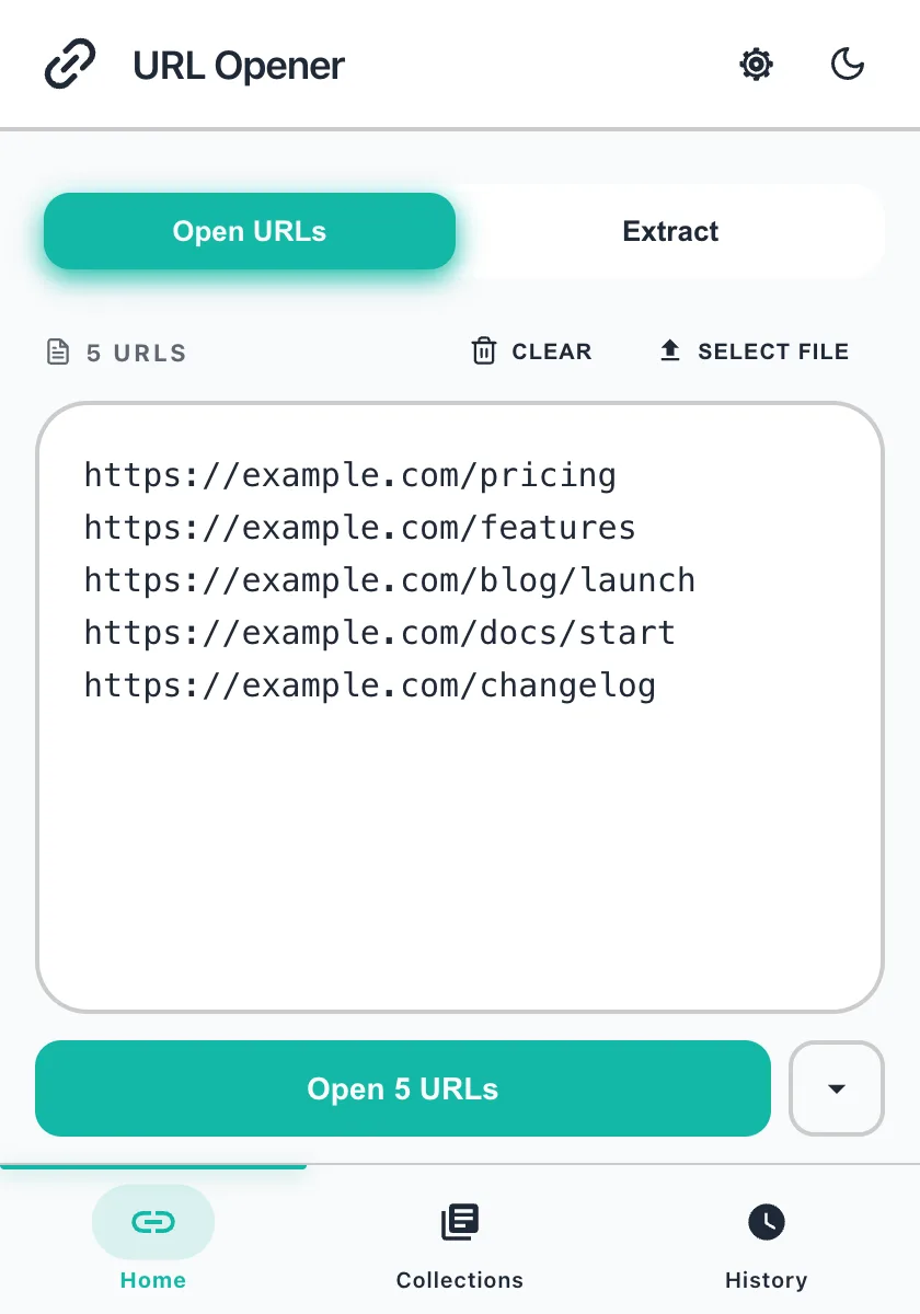 Multiple URL Opener side panel in light theme with five links pasted
