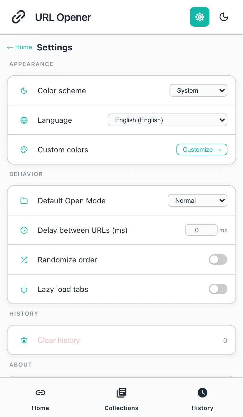 The Settings screen with Default Open Mode, Delay between URLs, Randomize order and Lazy load tabs